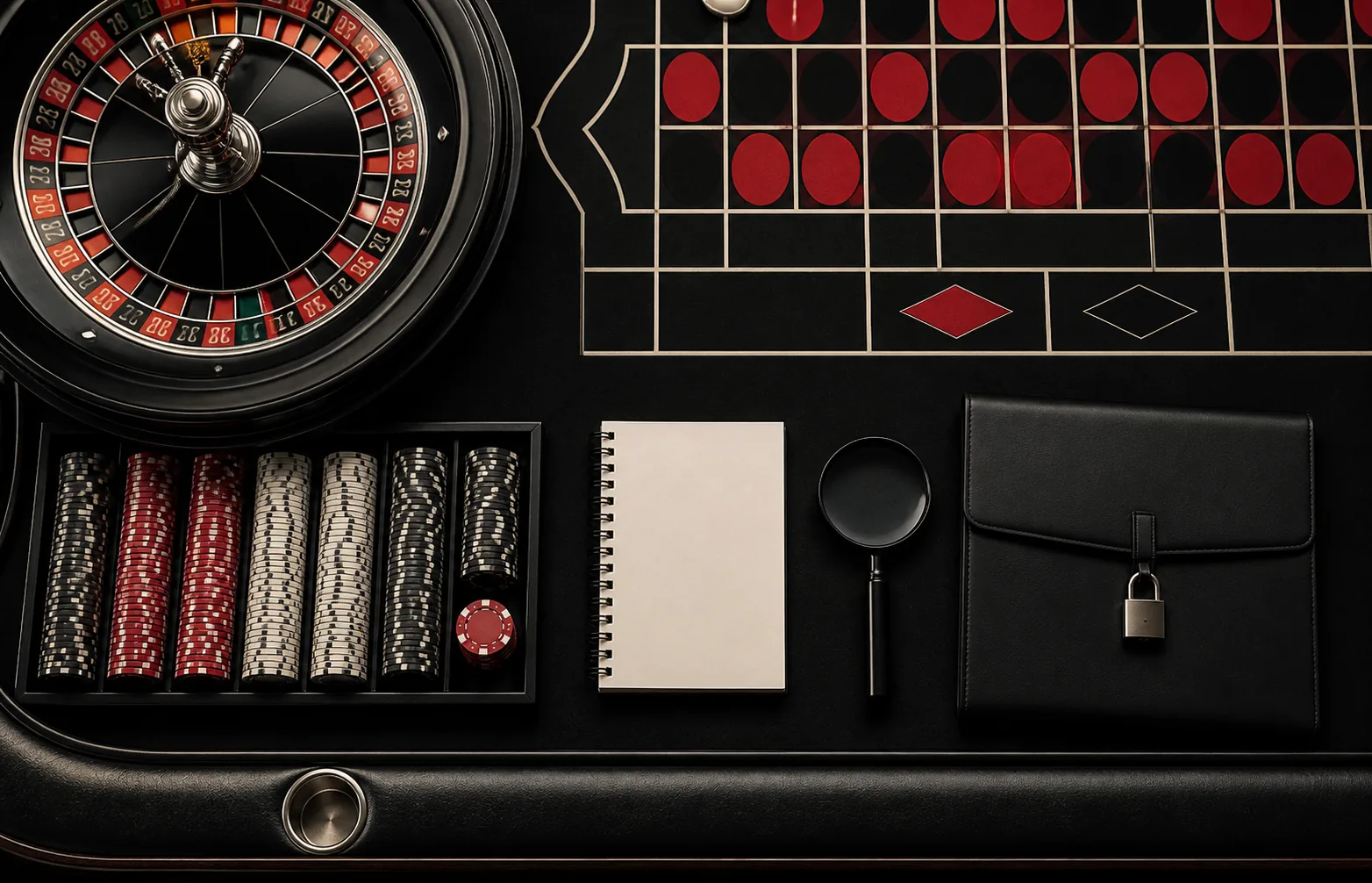 Mesa de cassino com caderno de verificação e fichas organizadas